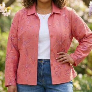 Vintage Alex Kim Embroidered Floral Jacket 1X Pink Spring Whimsical